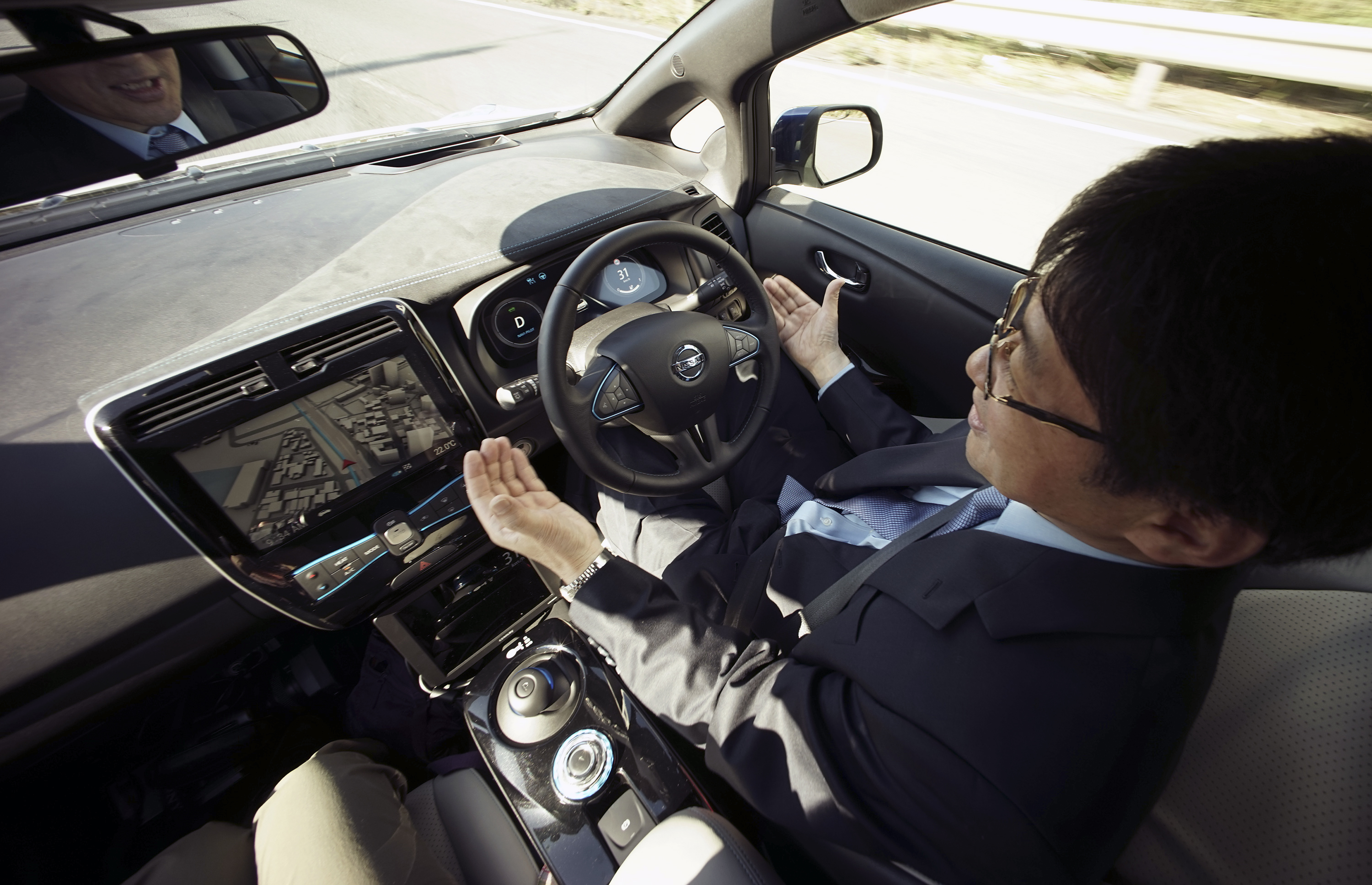 Test car. Technical assistance on the way to the car. Camera watch Driver in a car. Japan car Test Drive grope. Texting not allow in a self-Driving car.